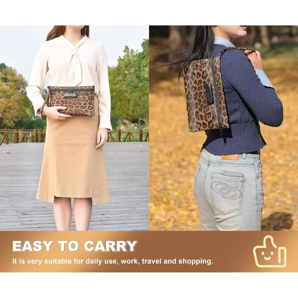 Travel Storage Bag Faux Leather Leopard Compact Lockable Organizer for Cosmetics